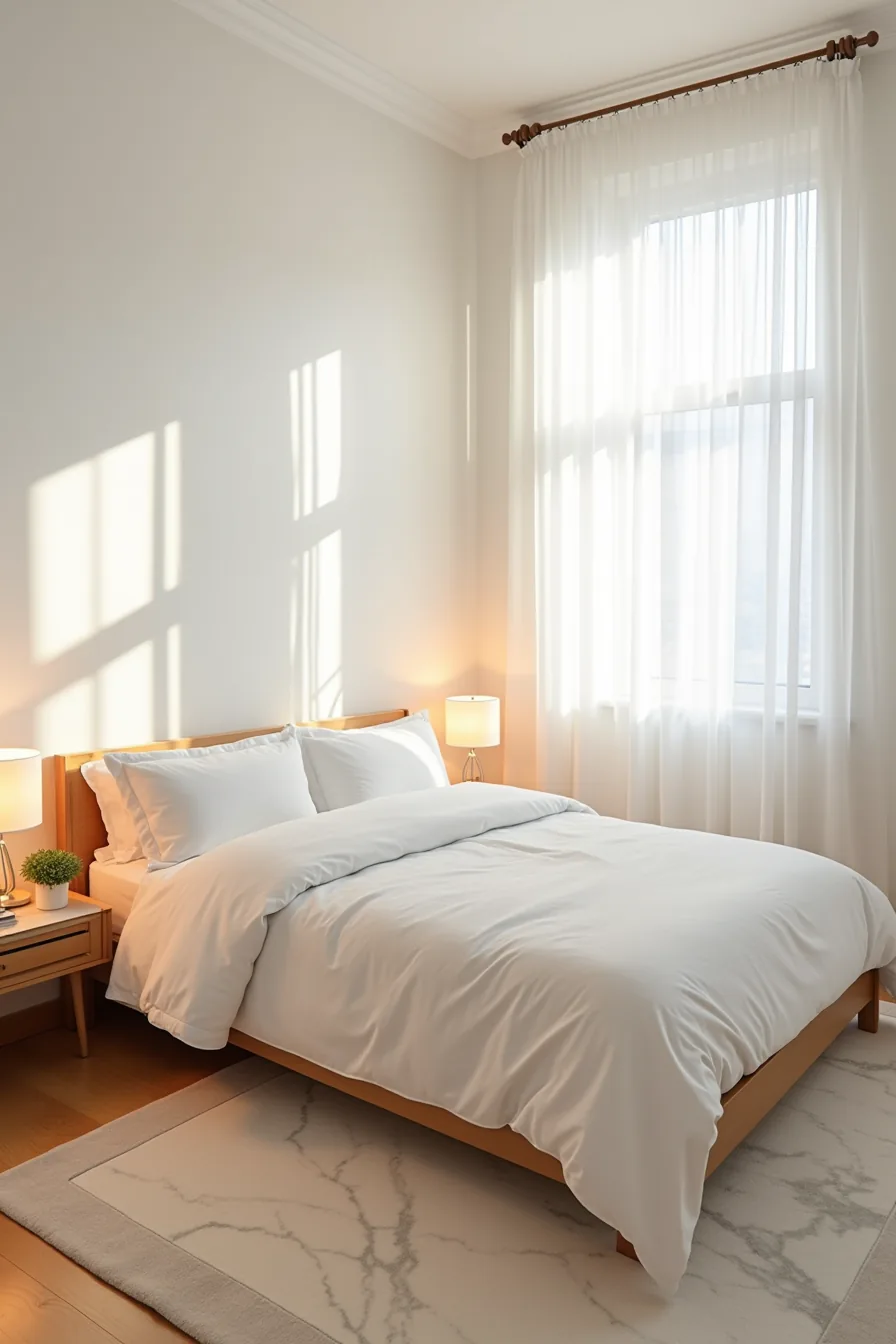 Bed with large rug extending under both sides, each topped with matching lamps and nightstand accessories.