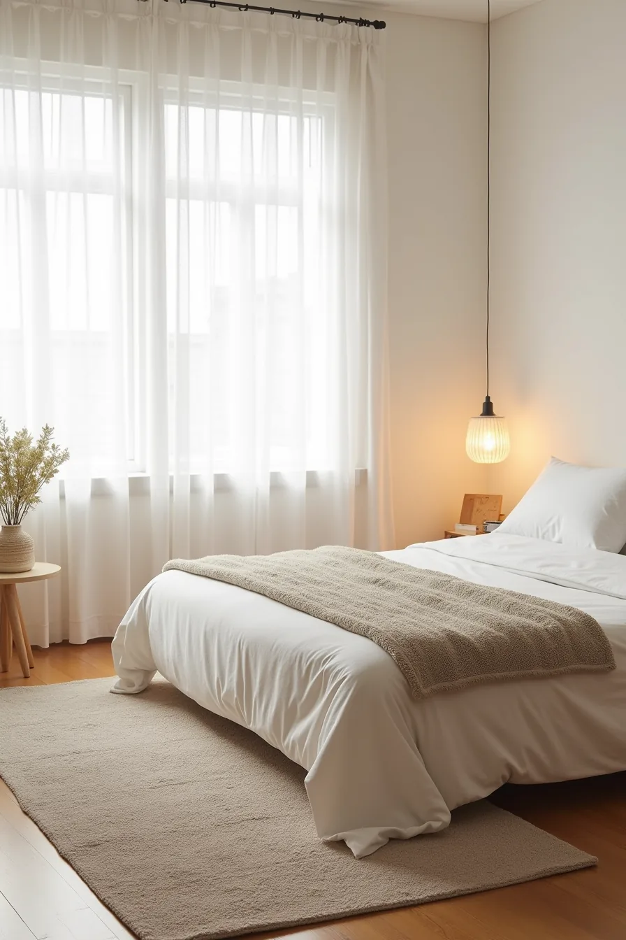 Bed with two layered rugs creating texture contrast, the smaller patterned rug offset over the larger neutral base.