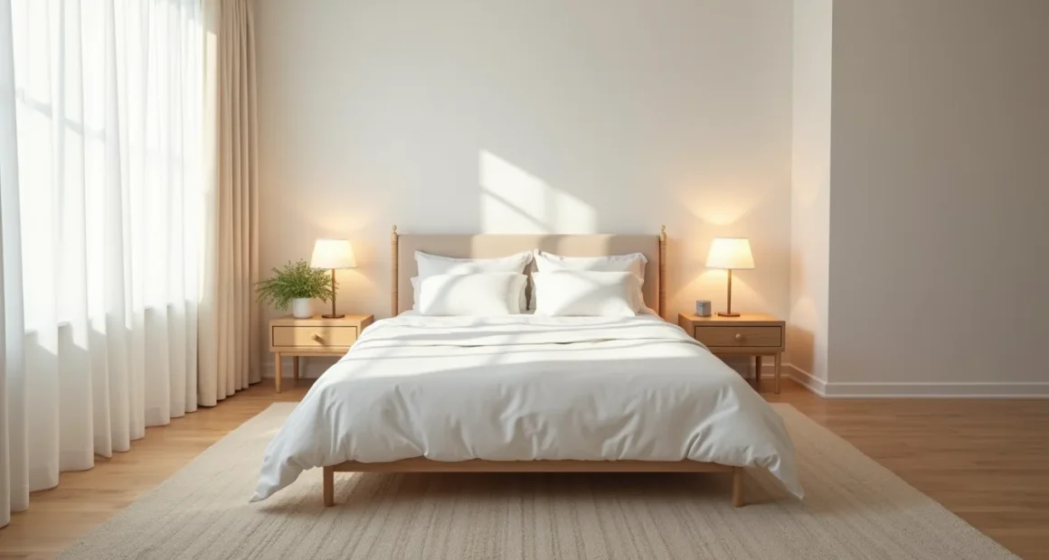Queen bed centered on a neutral wool rug with hardwood floor visible at edges and minimal nightstands on either side.