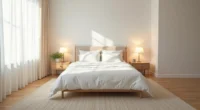 Queen bed centered on a neutral wool rug with hardwood floor visible at edges and minimal nightstands on either side.