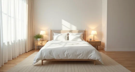 Queen bed centered on a neutral wool rug with hardwood floor visible at edges and minimal nightstands on either side.