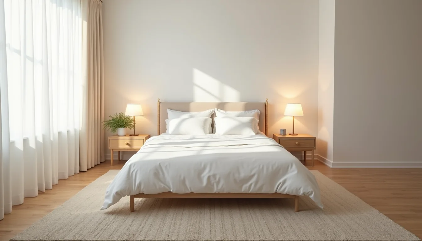 Queen bed centered on a neutral wool rug with hardwood floor visible at edges and minimal nightstands on either side.