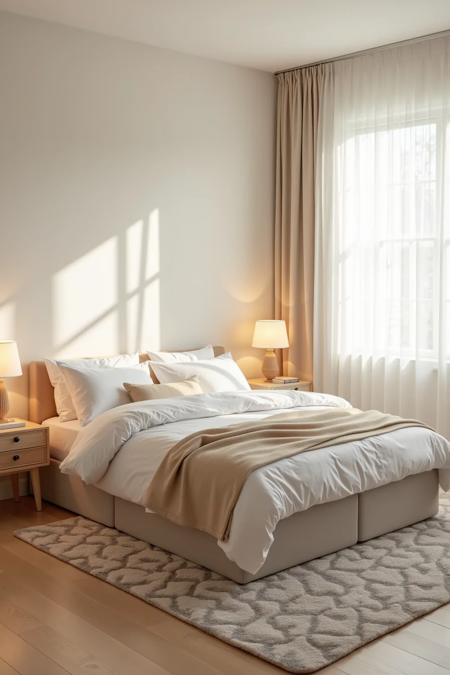 Patterned area rug under bed coordinating with bedding, walls, and surrounding furniture in a unified color scheme.