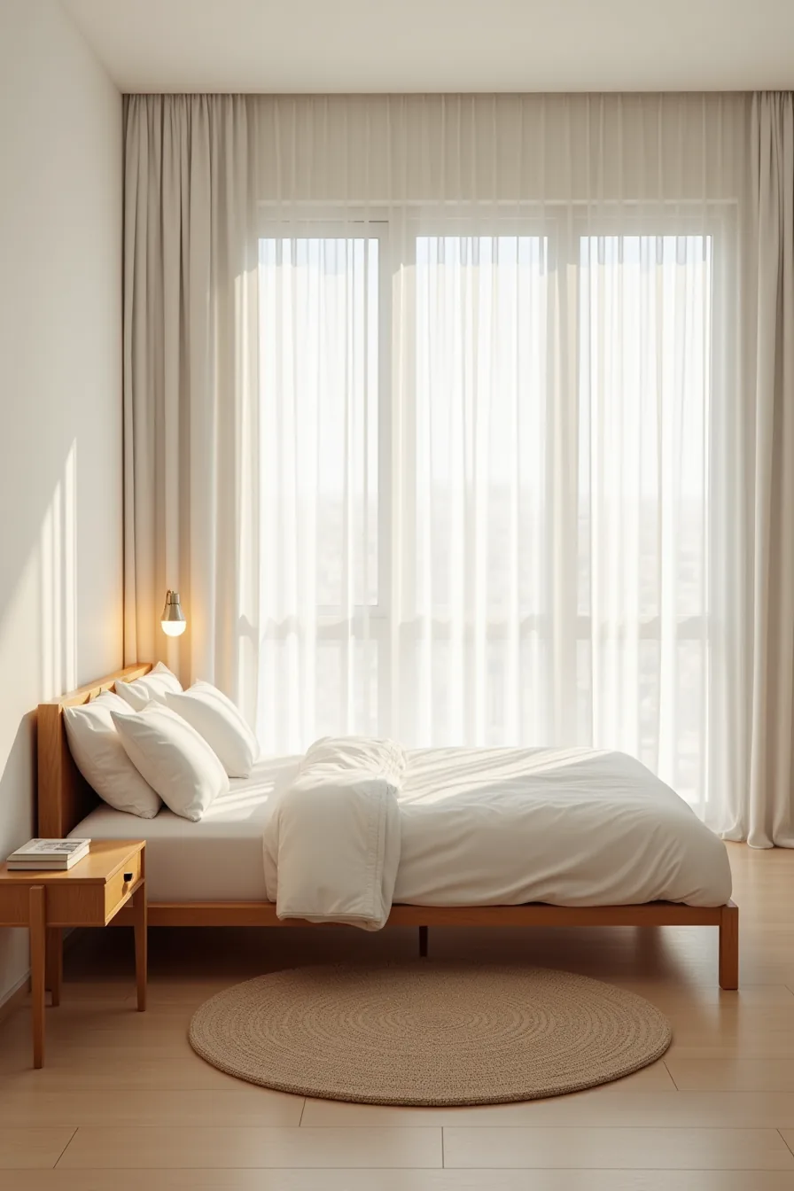 Small rug placed at the foot of the bed with exposed hardwood on sides and a single nightstand nearby.
