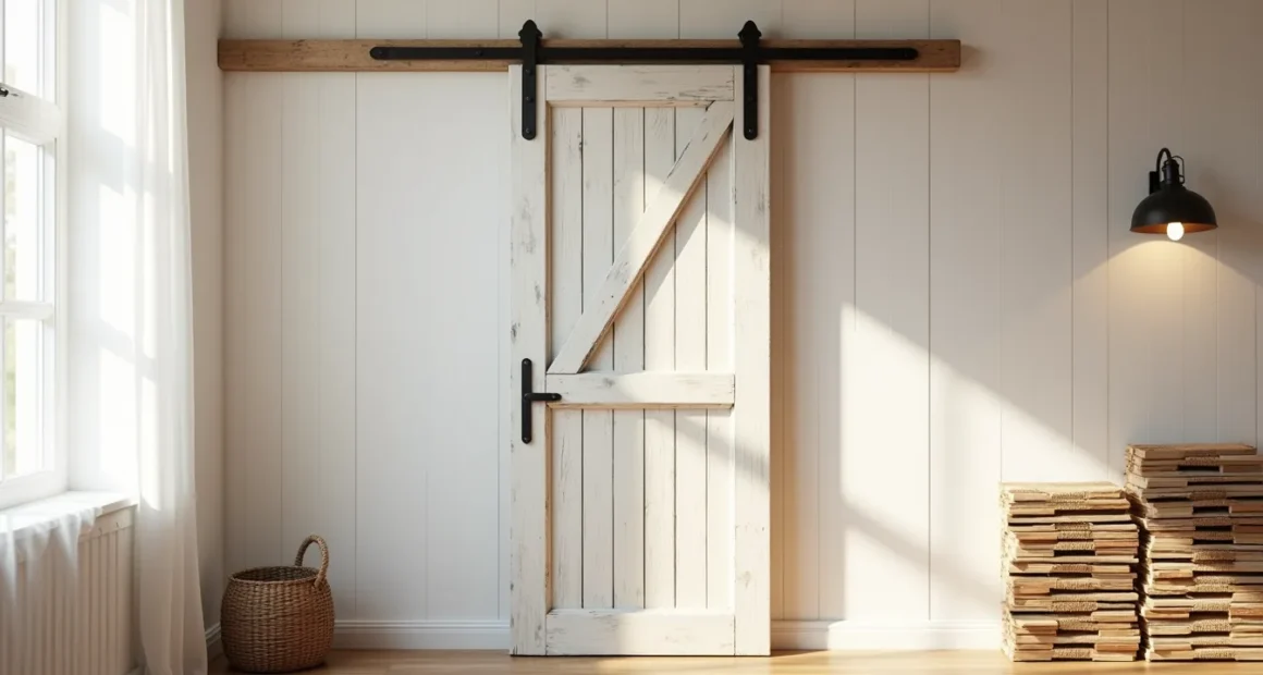 Weathered barn door and stacked reclaimed wood beams arranged against a shiplap wall in soft natural light.