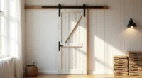 Weathered barn door and stacked reclaimed wood beams arranged against a shiplap wall in soft natural light.