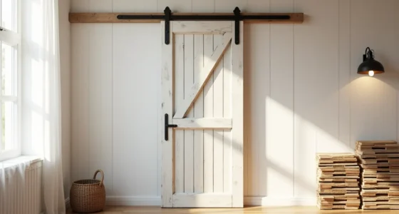 Weathered barn door and stacked reclaimed wood beams arranged against a shiplap wall in soft natural light.
