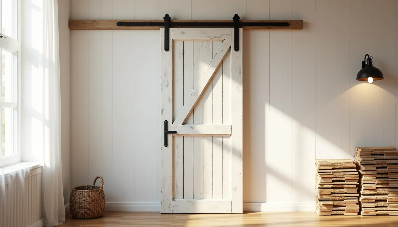 Weathered barn door and stacked reclaimed wood beams arranged against a shiplap wall in soft natural light.