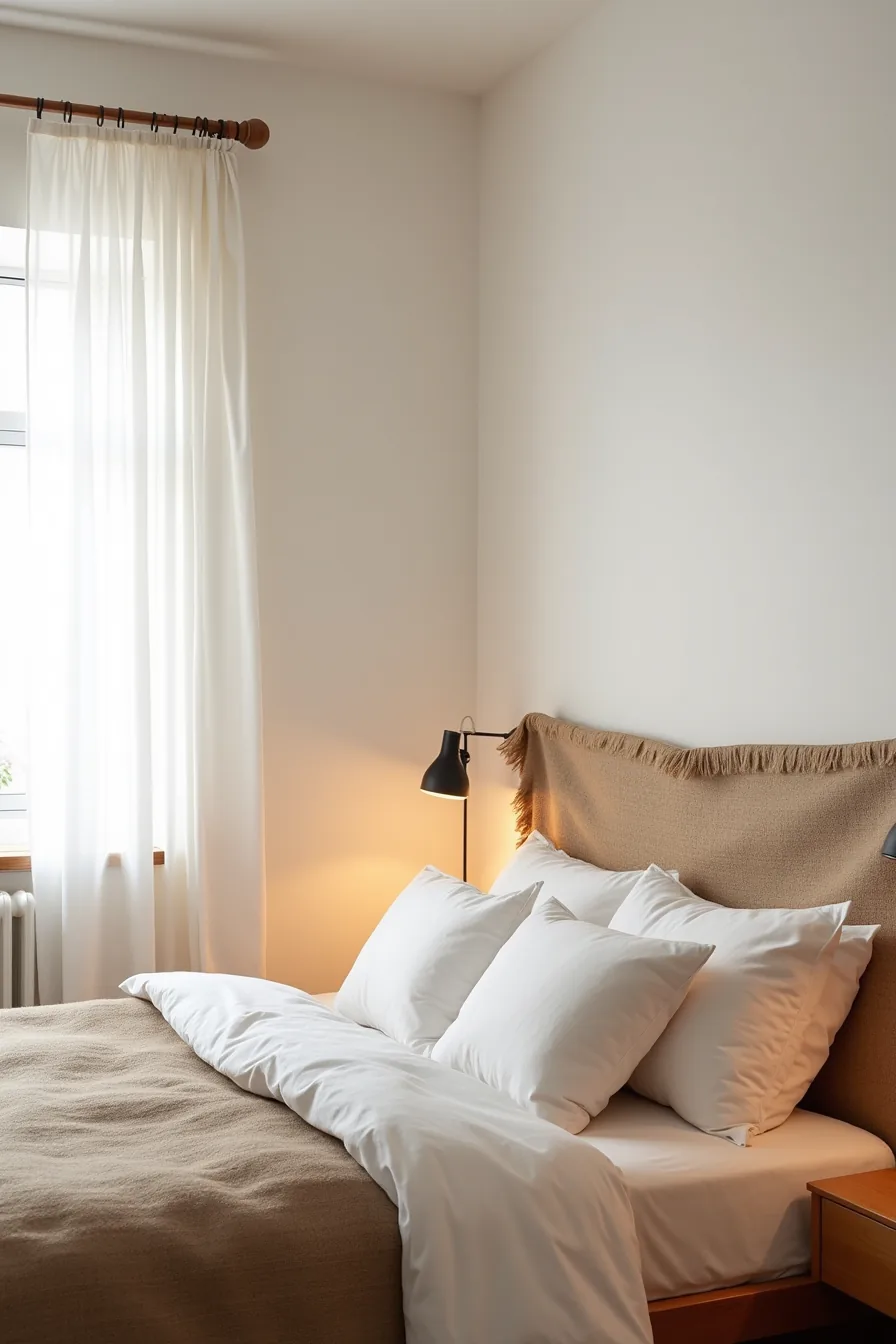 Bedroom corner displays a bed layered with burlap runner, plaid wool throw, and linen pillows under a burlap swag.