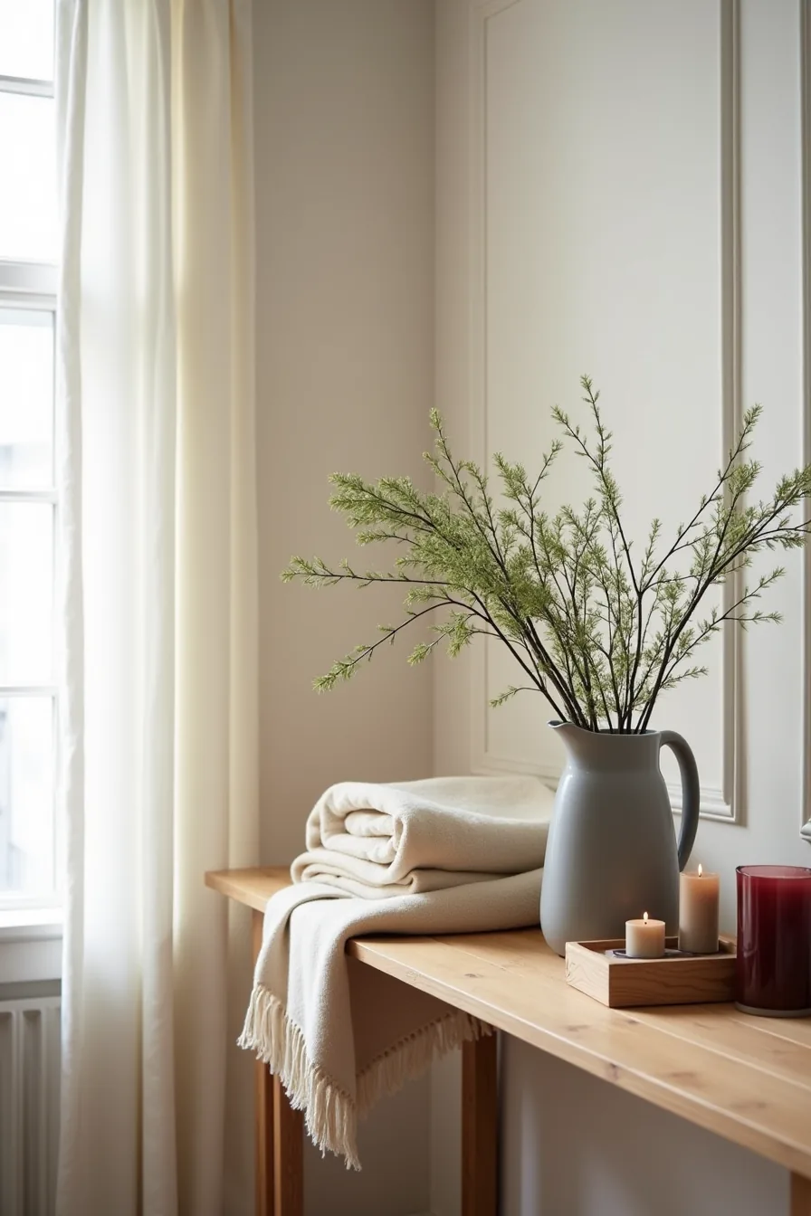 Console table vignette displays a folded wool blanket, green branches in a ceramic pitcher, burgundy candles, and wood box.