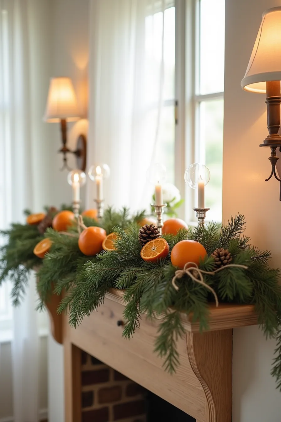 Layered holiday garland on a mantel features pine branches, dried orange slices, evergreen sprigs, pinecones, and twine.