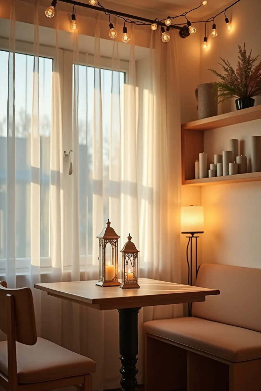 Dining nook glows with diagonal string lights, multiple lanterns of different heights, and clustered pillar candles on a