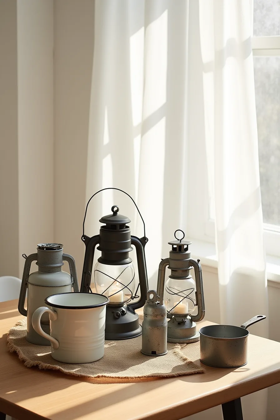 Five vintage metal pieces including an enamel bucket, lanterns, measuring cup, and trivet arranged on burlap.