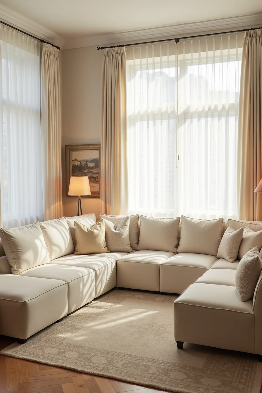 Cream U-shaped sectional with matching wingback accent chairs at corners on a patterned area rug in formal arrangement.