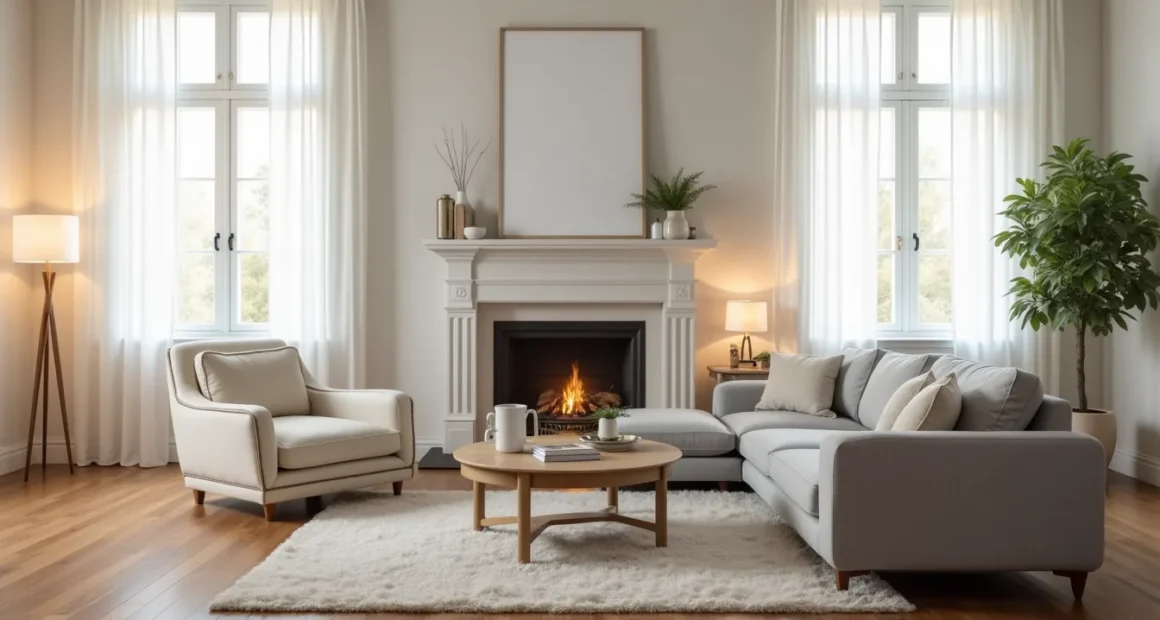 Gray L-shaped sectional and cream accent chair face each other across a coffee table toward a fireplace on hardwood floors.
