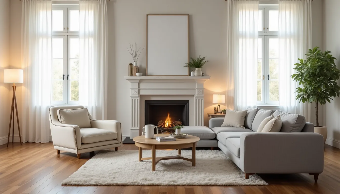 Gray L-shaped sectional and cream accent chair face each other across a coffee table toward a fireplace on hardwood floors.