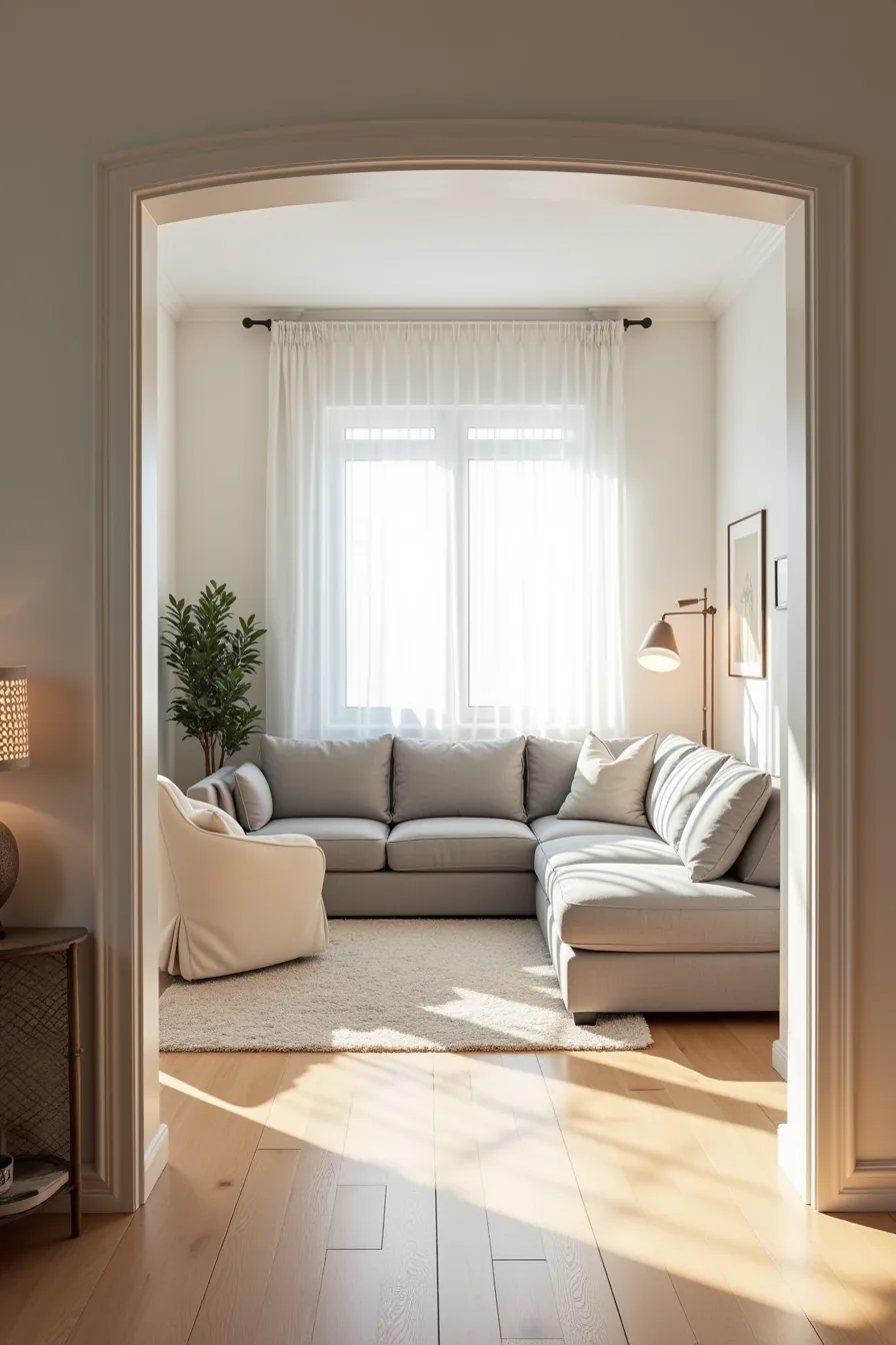 Modular gray sectional and natural linen slip-covered accent chair arranged on hardwood floors without wall mounting.