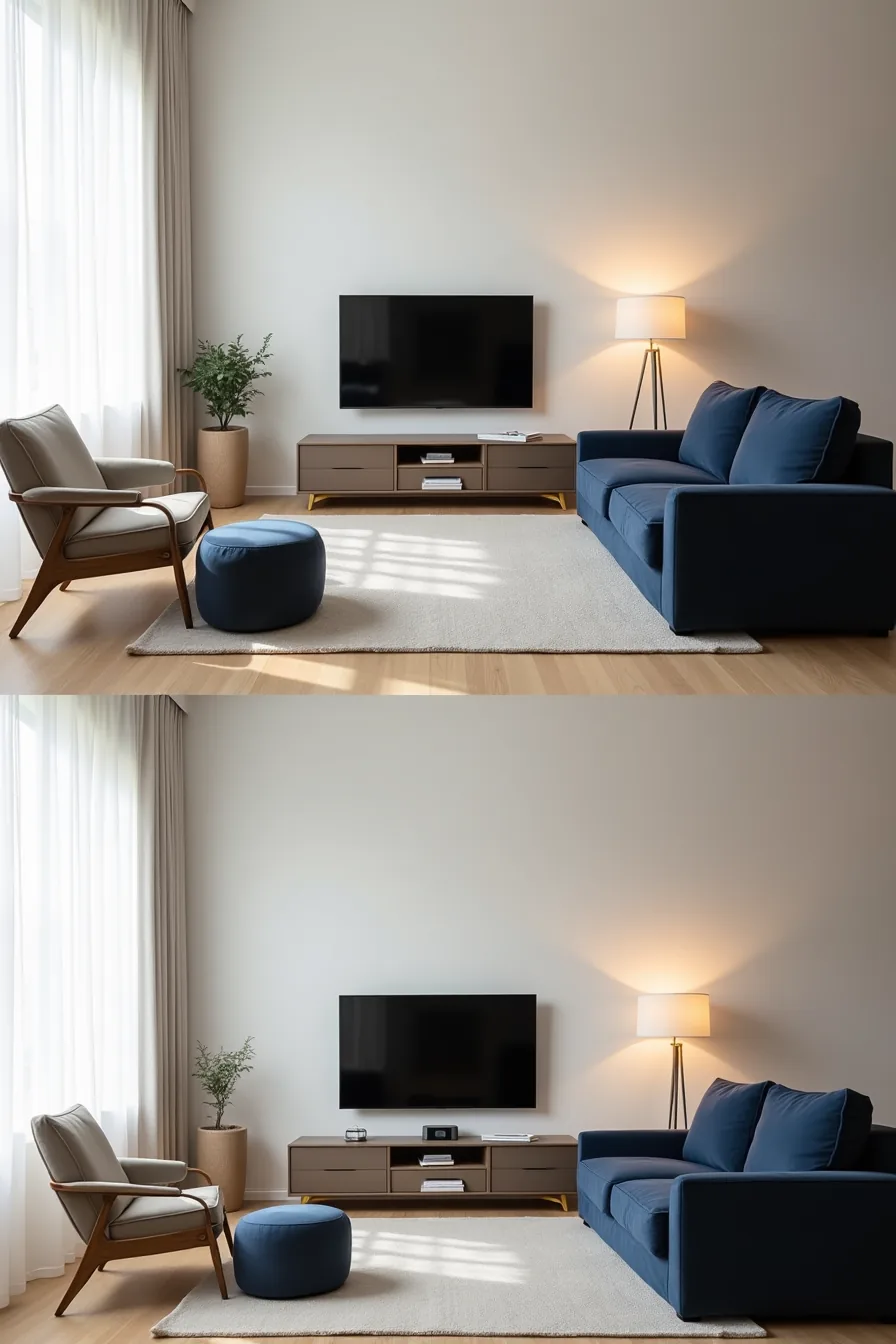 Two layout options for navy sectional and accent chair, one angled toward TV and one parallel to walls.