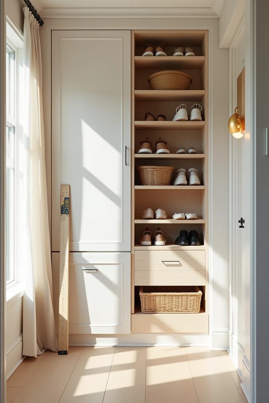 Corner built-in shoe storage with closed cabinets, open cubbies containing woven baskets, and tools nearby.