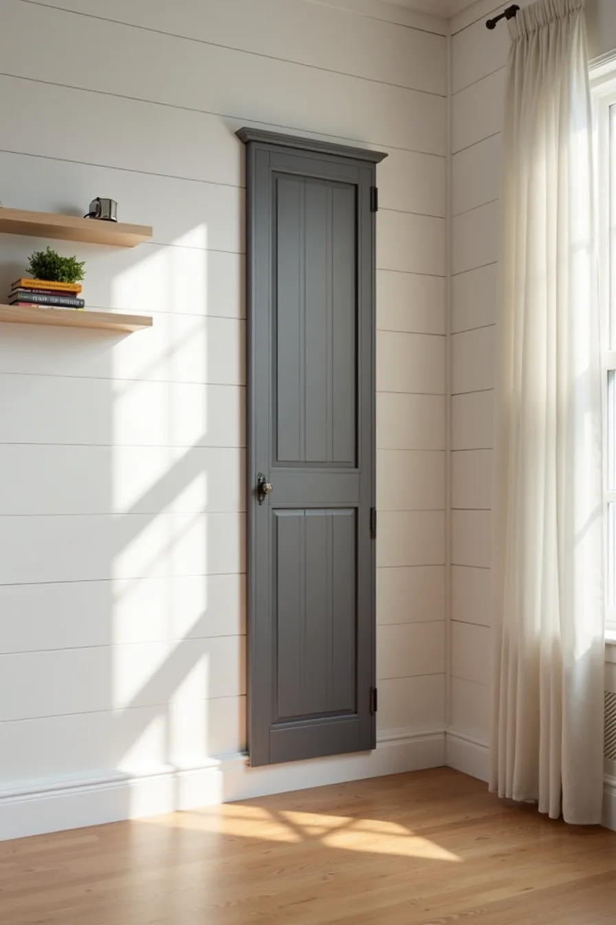 Dark gray narrow shoe cabinet against white shiplap with a tape measure and pencil on the shelf above.