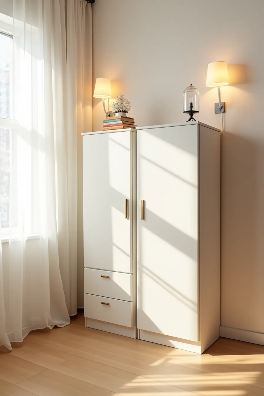 Two 24-inch shoe cabinets displayed side by side, one with brass hardware and finger pulls, one handleless.