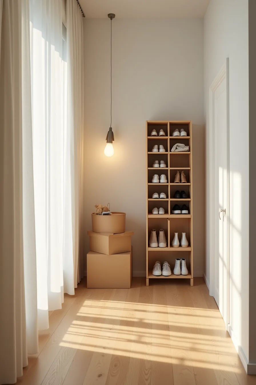 Freestanding modular shoe cabinet with removable dividers in a hallway next to a cardboard moving box.