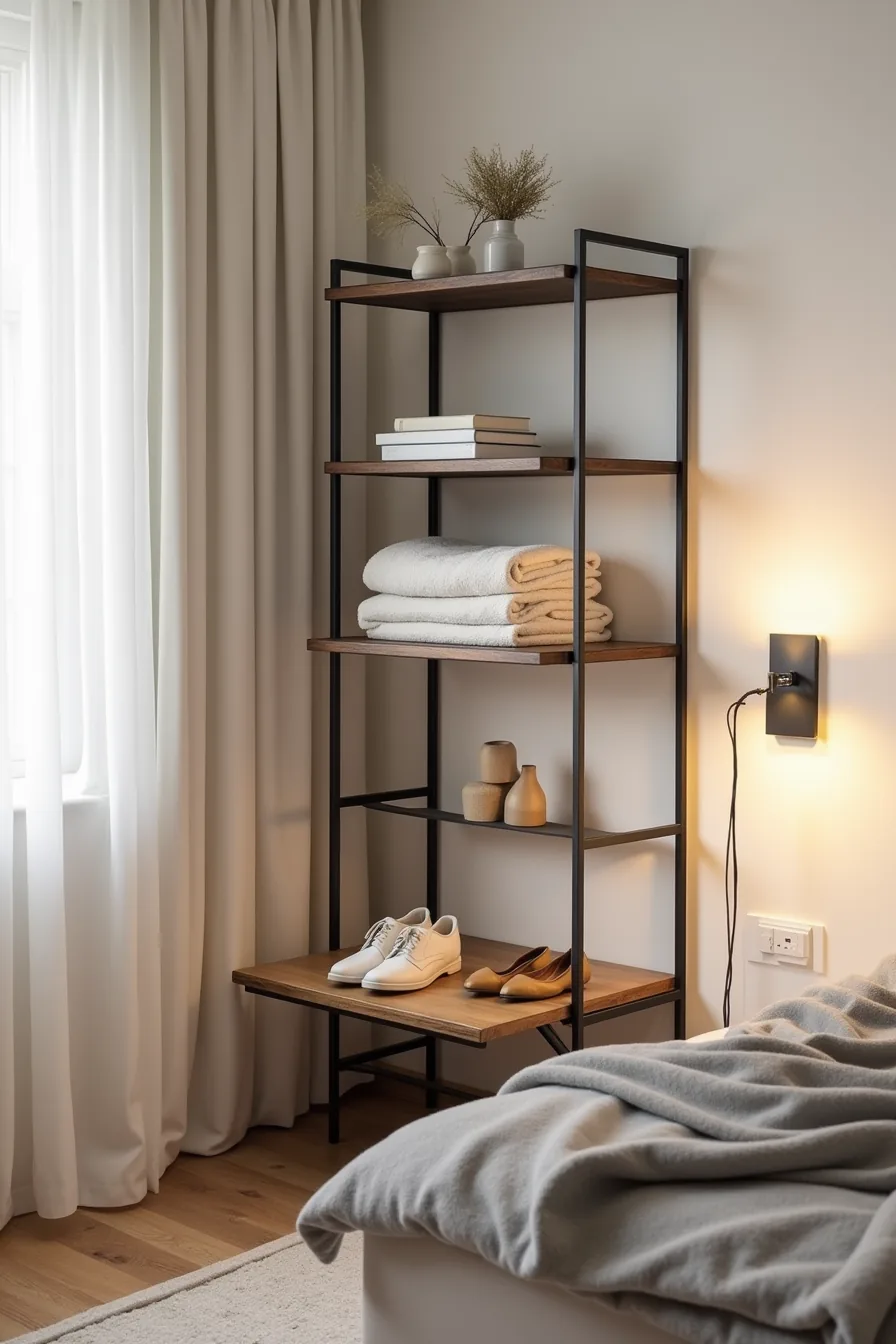 Black metal open shelving unit with pull-out shoe trays on lower shelves and blankets displayed on top.