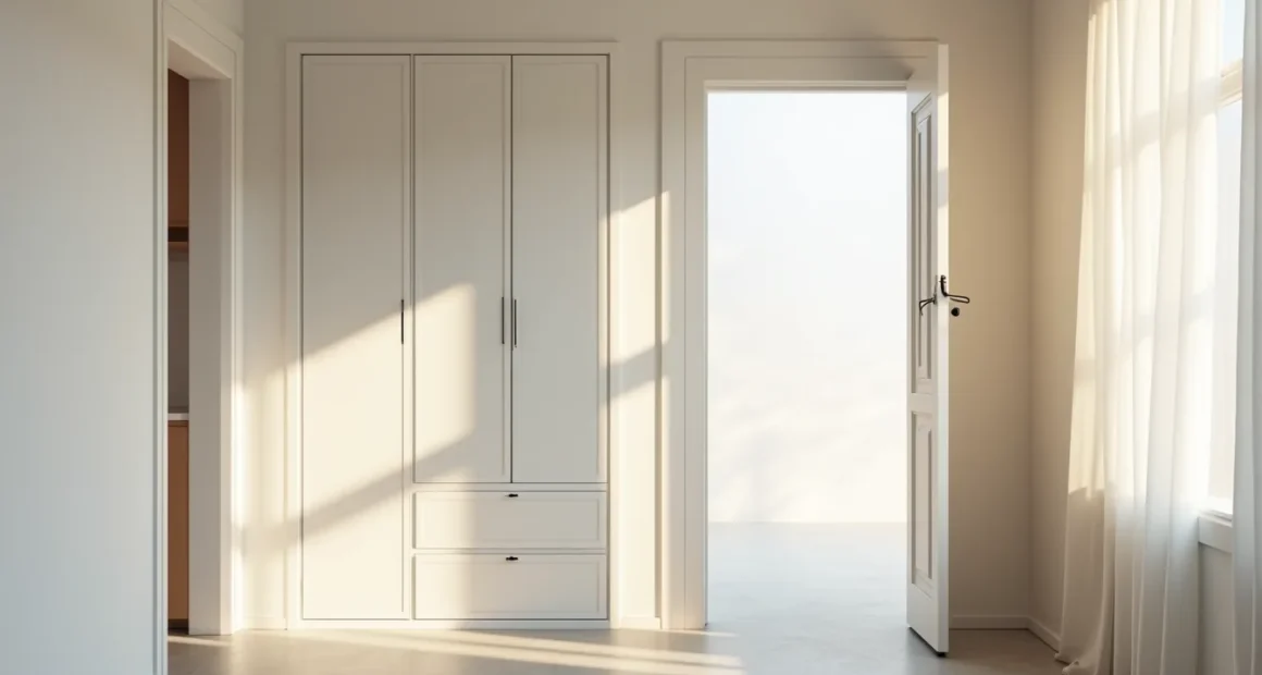 White handleless shoe cabinet mounted on hallway wall next to a doorframe, with polished concrete flooring.