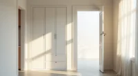 White handleless shoe cabinet mounted on hallway wall next to a doorframe, with polished concrete flooring.