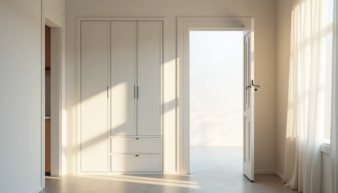 White handleless shoe cabinet mounted on hallway wall next to a doorframe, with polished concrete flooring.