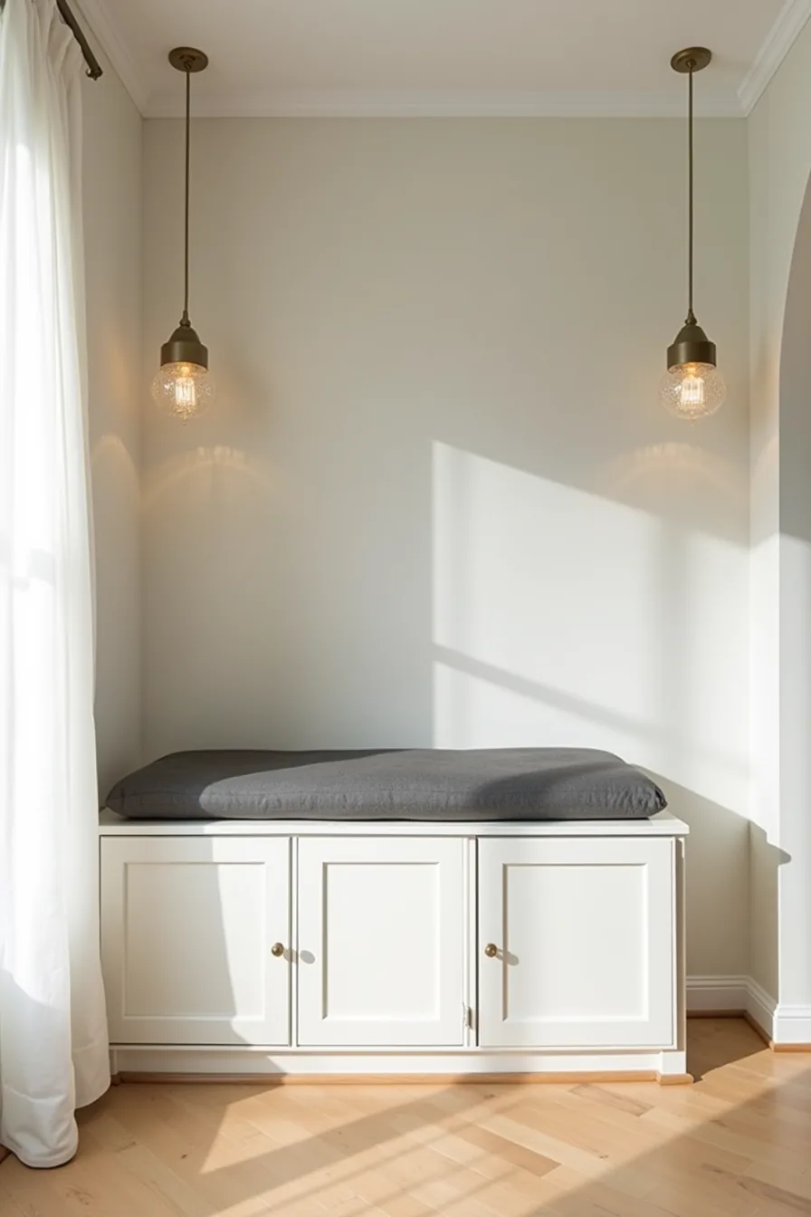 Custom built-in white cabinet with charcoal linen cushion on top and open door showing interior shelves.
