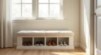Cream upholstered bench with open hinged lid showing leather loafers and canvas sneakers stored in cubbies.