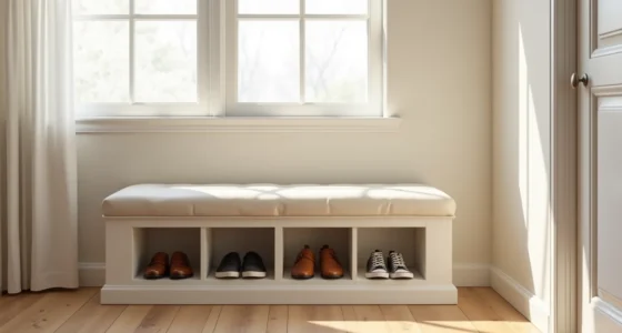 Cream upholstered bench with open hinged lid showing leather loafers and canvas sneakers stored in cubbies.