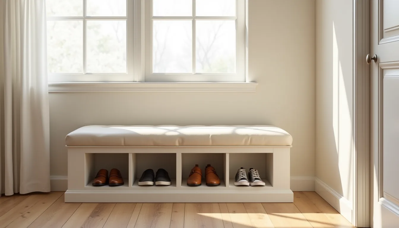 Cream upholstered bench with open hinged lid showing leather loafers and canvas sneakers stored in cubbies.