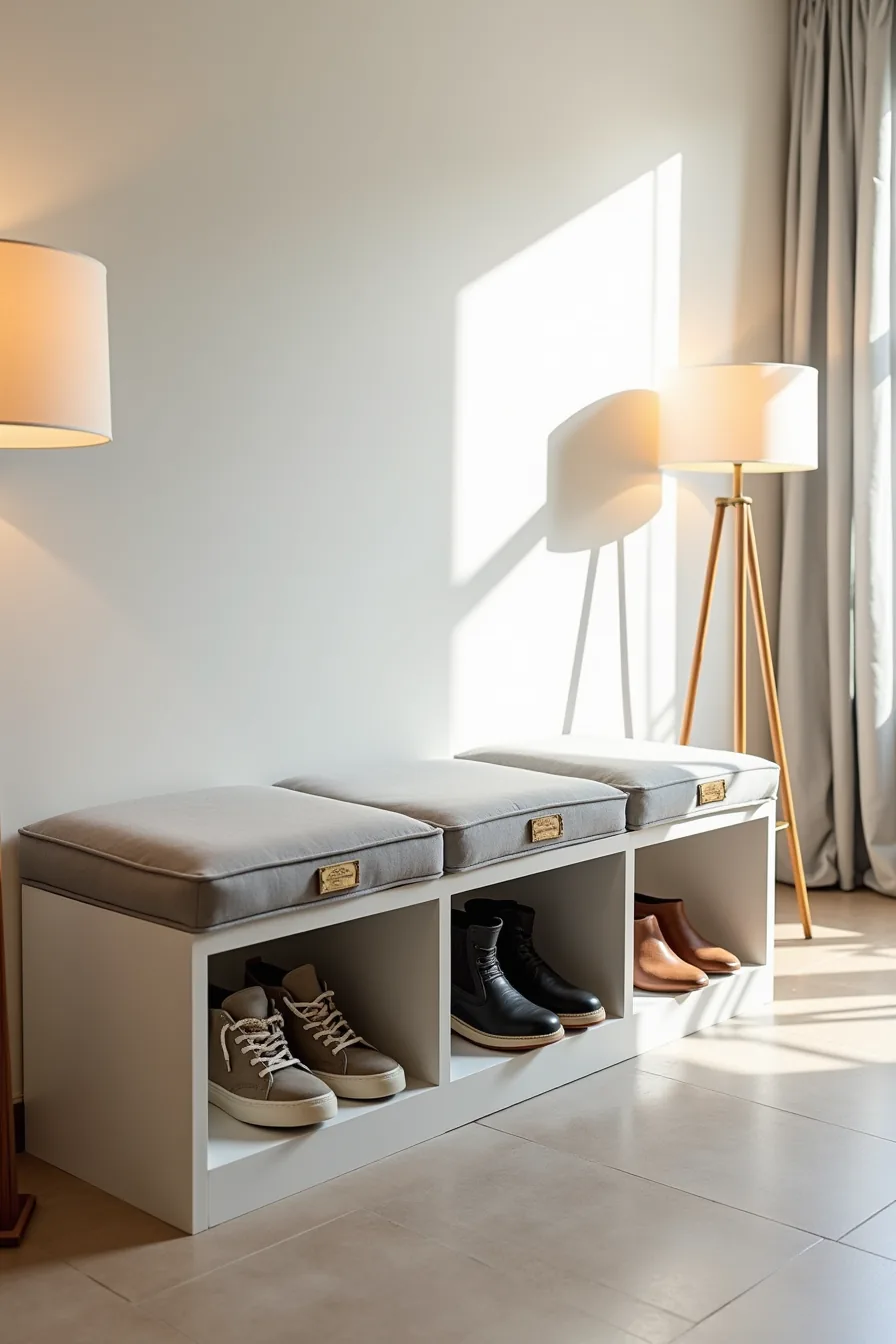Gray upholstered bench with three labeled compartments storing sneakers, boots, and flats separately.