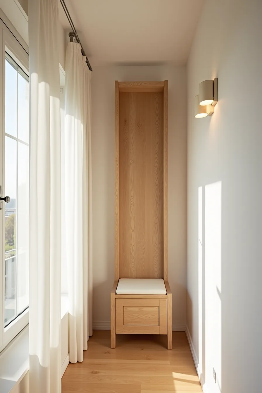 Tall narrow oak cabinet with built-in cushioned seat base positioned in a hallway corner.