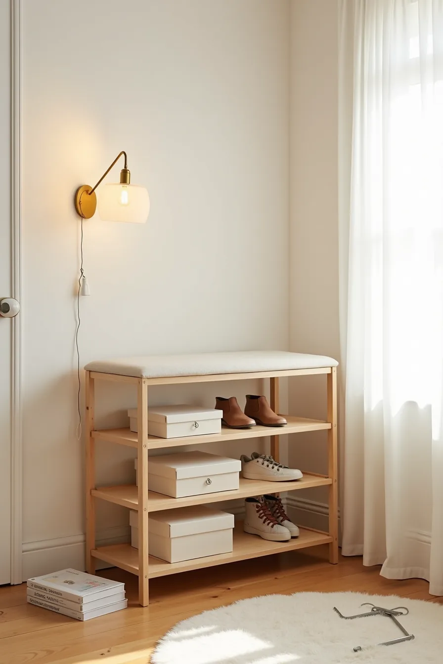 Pine shoe rack with four shelves, cushioned top, shoe boxes below, and assembly tools on the floor.