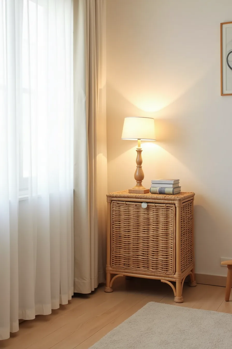 Freestanding rattan shoe cabinet with removable woven cushion and felt pads on the feet.