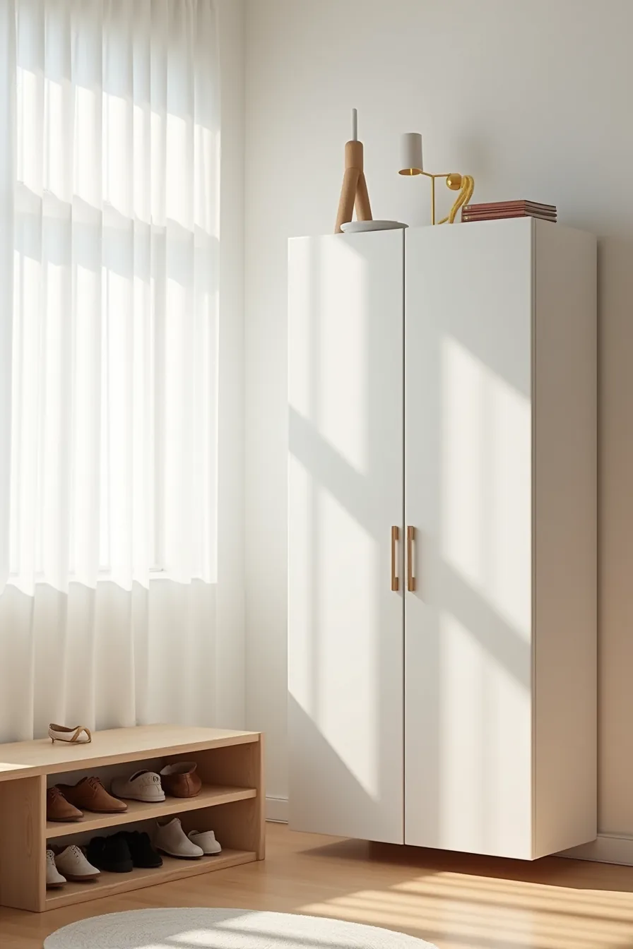 Low wooden bench with under-shelf storage and wall-mounted white flip-down cabinet with shoe slots shown side-by-side.