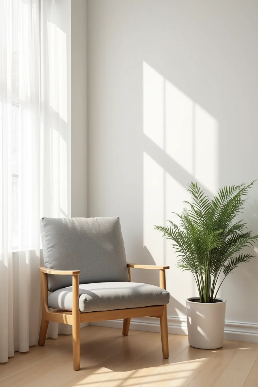 Gray linen upholstered chair at 45 degrees next to white wall and potted fern in bright corner.