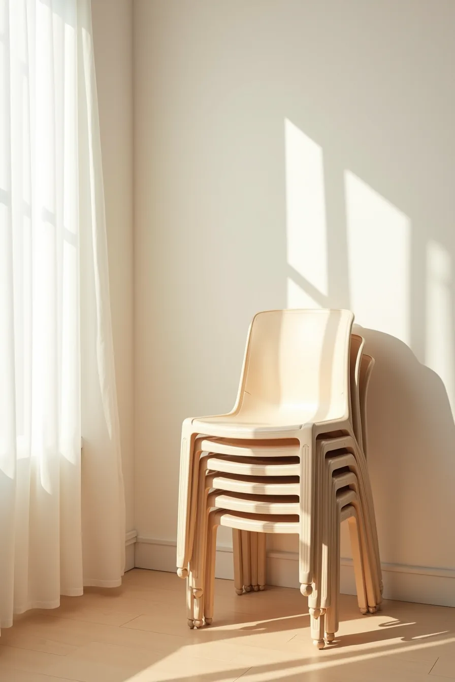 Five identical molded chairs stacked neatly showing compact storage footprint from side view.