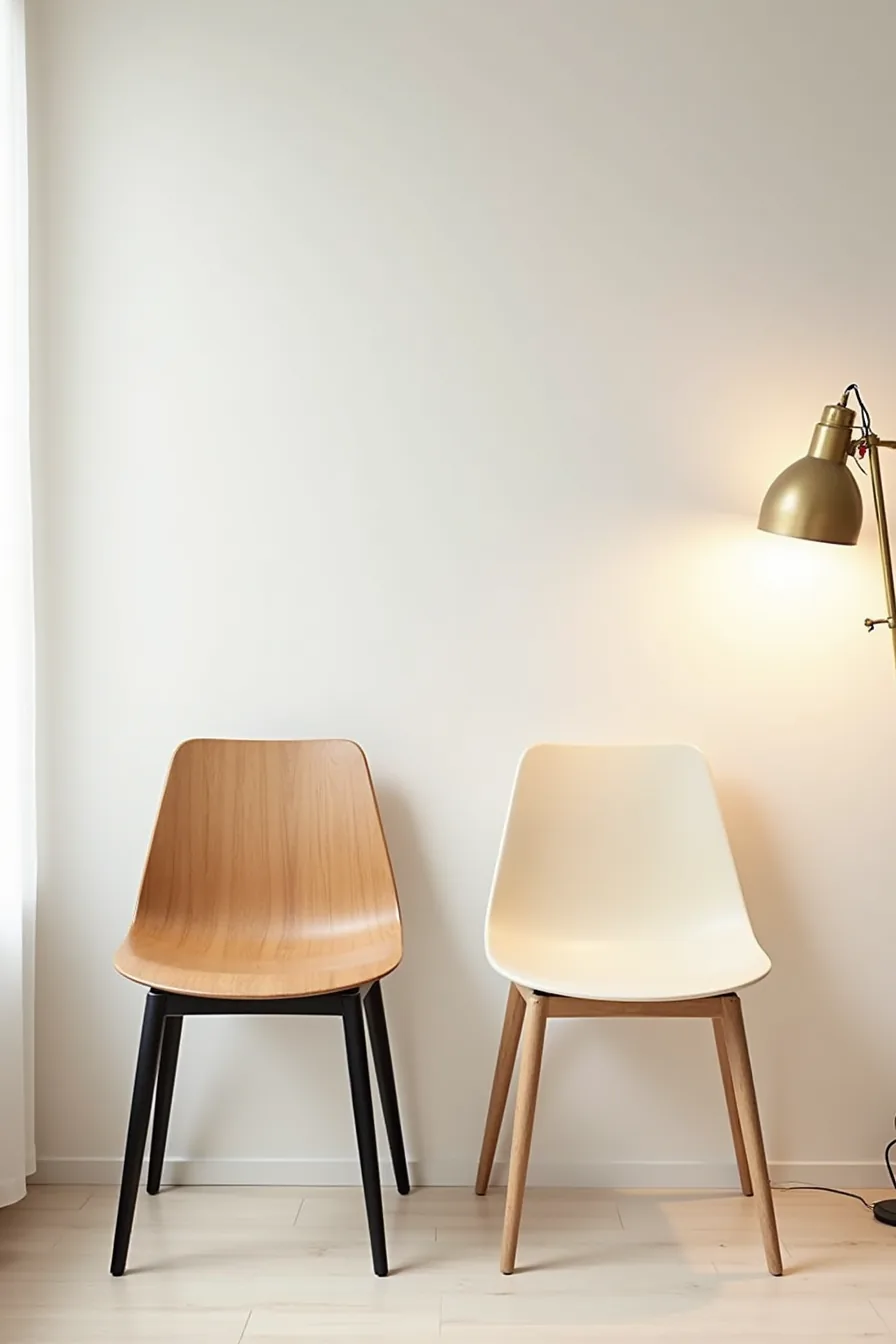 Two chairs with identical form but different finishes—steel legs with wood seat and brass legs with cream upholstery.