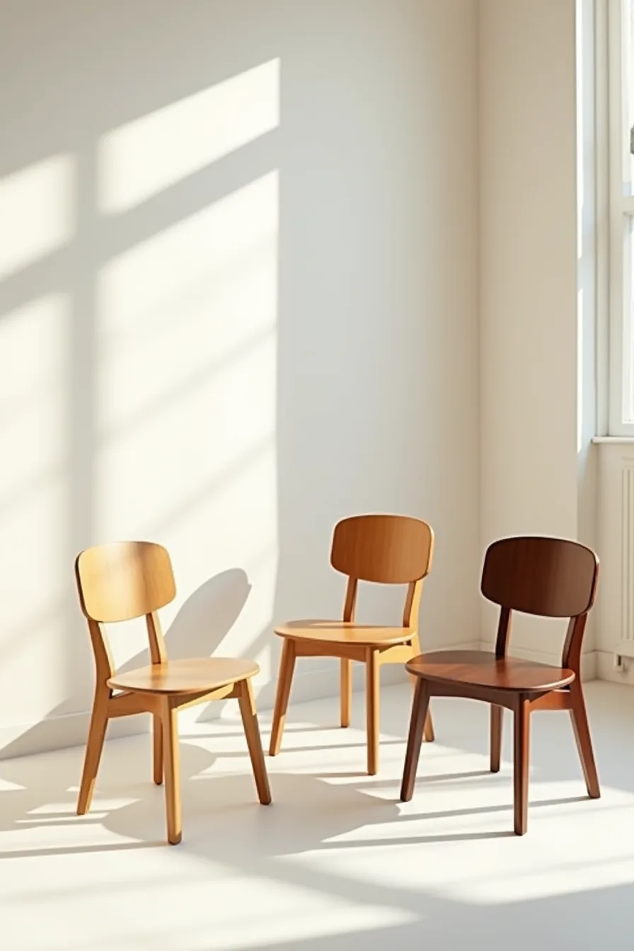 Three identical chairs in ash, oak, and walnut wood tones arranged diagonally on studio backdrop.