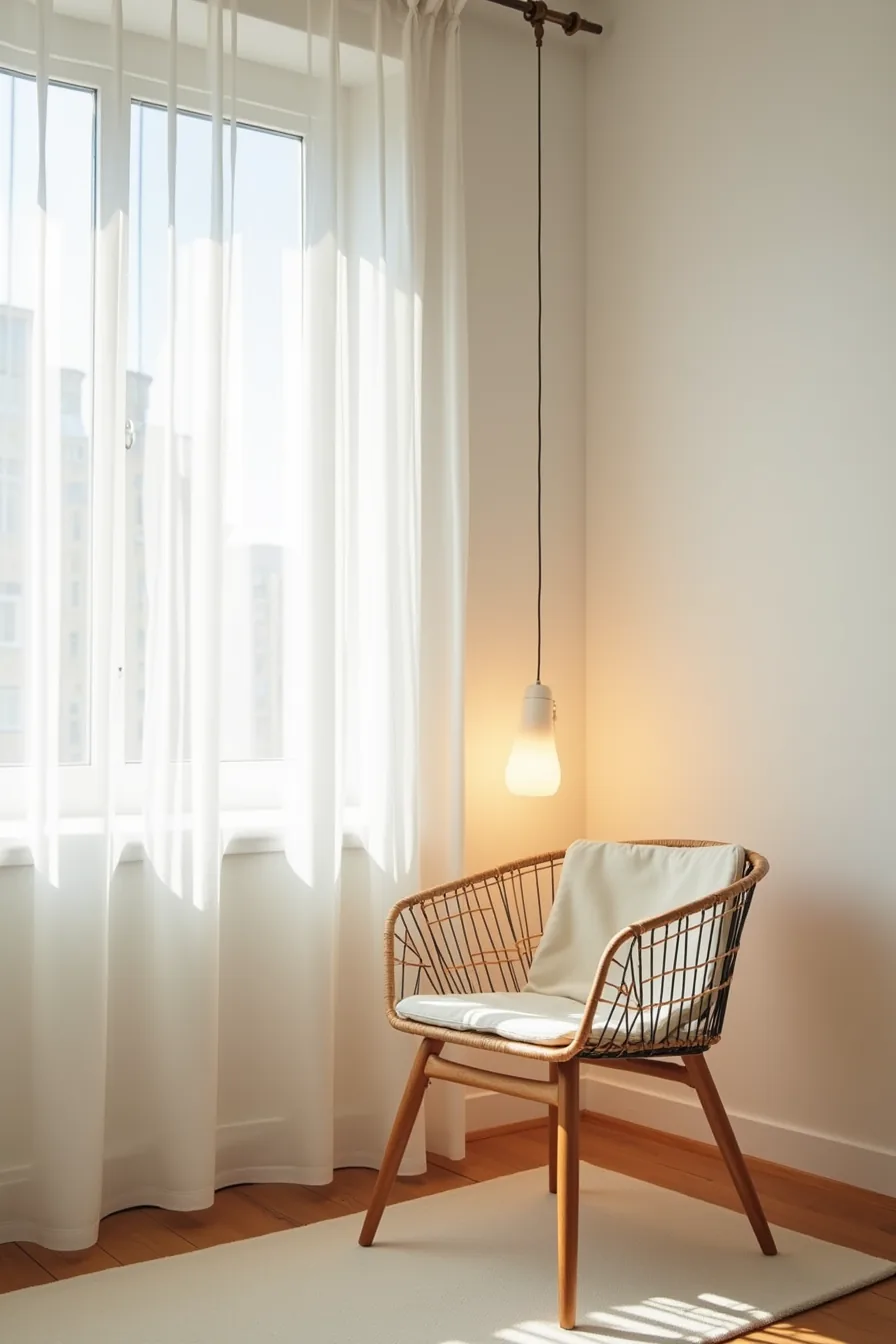 Wire-frame chair with canvas seat on floor mat in concrete corner, demonstrating portable design.