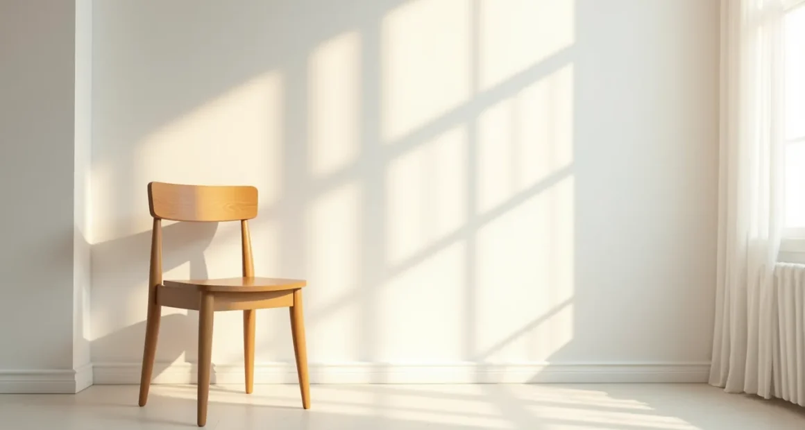 Wooden chair with tapered legs and flat seat viewed from above on concrete floor.
