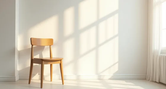 Wooden chair with tapered legs and flat seat viewed from above on concrete floor.