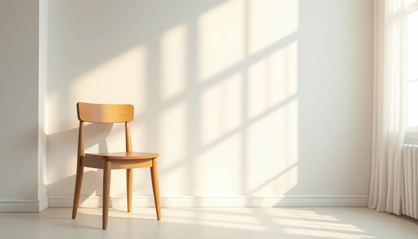 Wooden chair with tapered legs and flat seat viewed from above on concrete floor.
