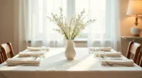 Cream tablecloth with ceramic vase of white branches and folded napkins at place settings on a dining table.