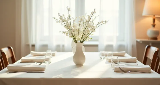 Cream tablecloth with ceramic vase of white branches and folded napkins at place settings on a dining table.