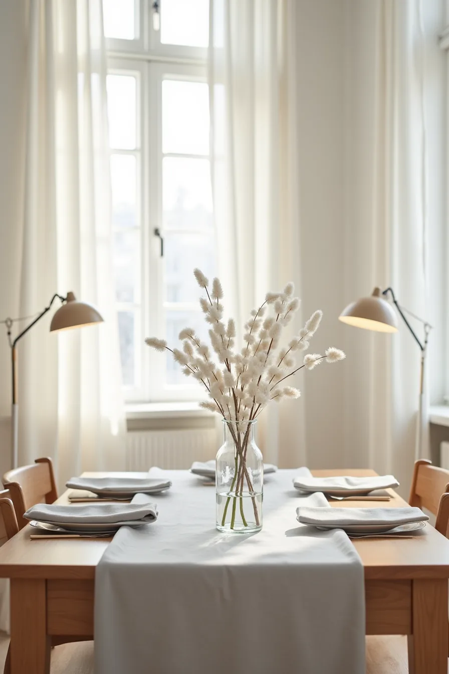 Gray tablecloth with tall glass cylinder of pussy willow branches and place cards on a wooden table.